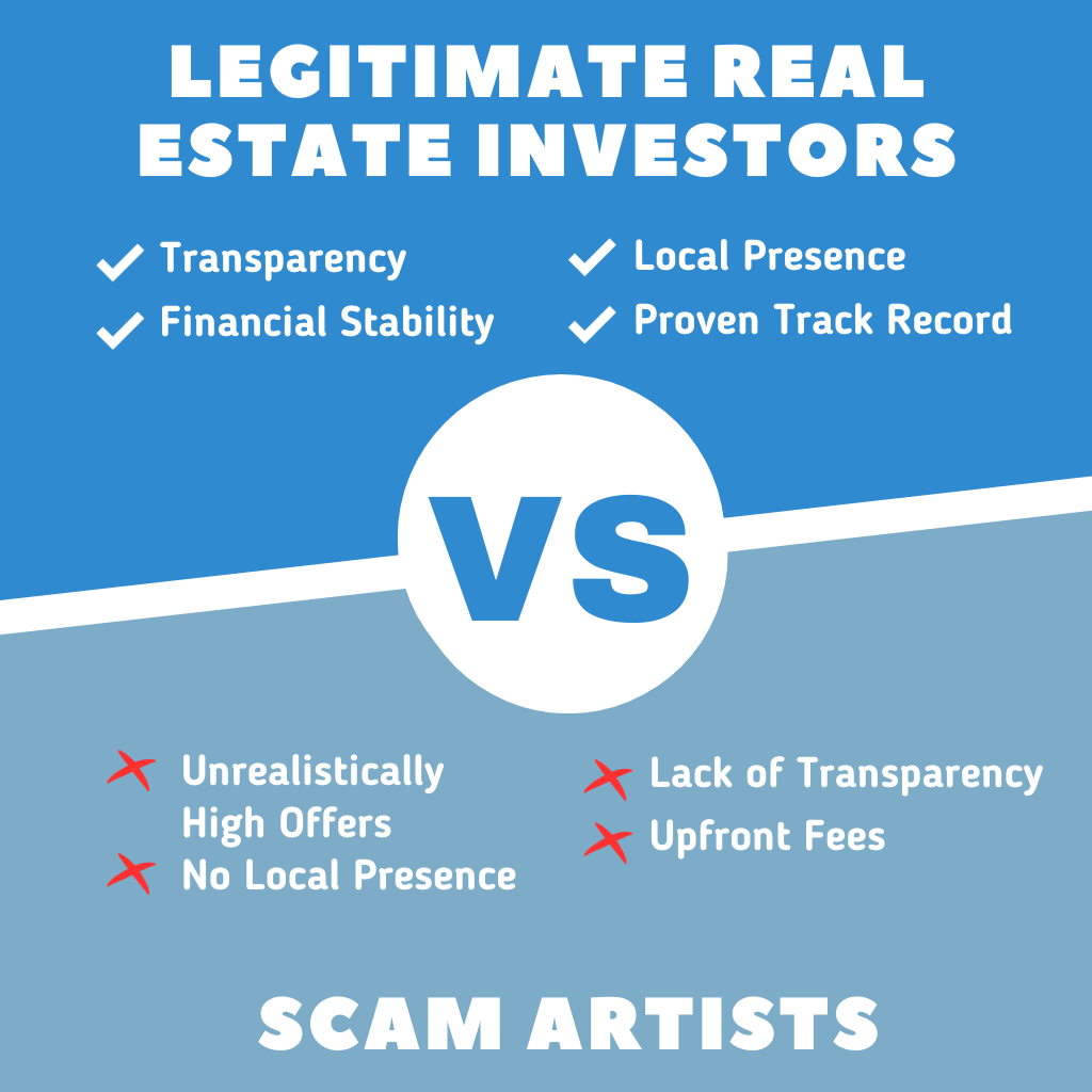 infographic of real estate investor vs scammer